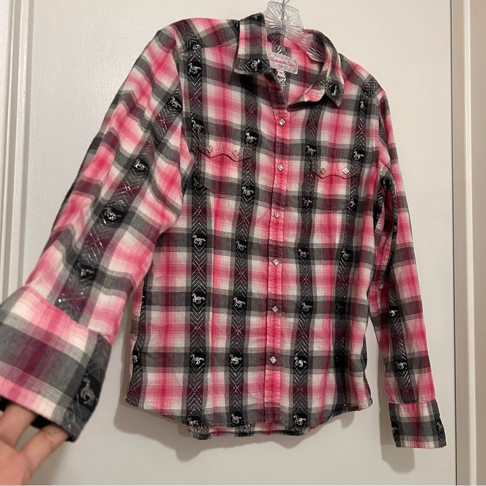 Panhandle Slim Women’s Pink Plaid Western Shirt Pearl Snaps Cowgirl Horse Boho M - Picture 3 of 9